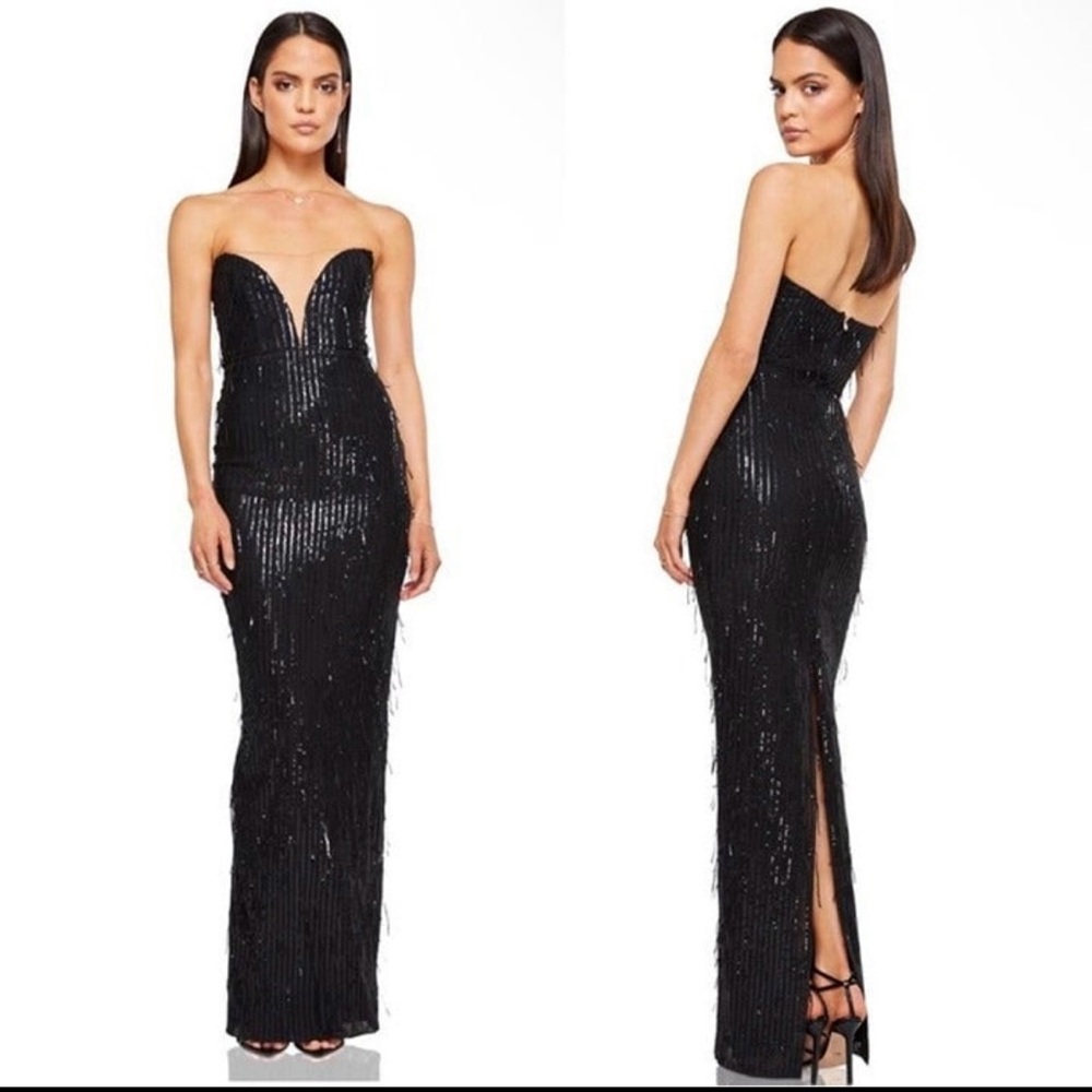 Nookie Karma Gown Strapless Fringe Sequin Dress Black Size M